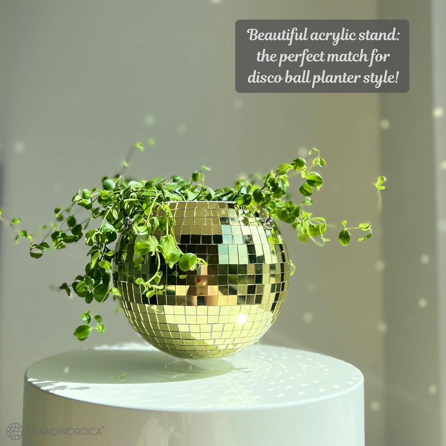 Disco Ball Planter – Disco Ball Plant Hanger, Mirror Disco Planter with Chain, Macrame Hanger, Acrylic Stand and Insert Pot, Hanging Planter | Disco Ball Decor – 20 Cm (8“) Gold