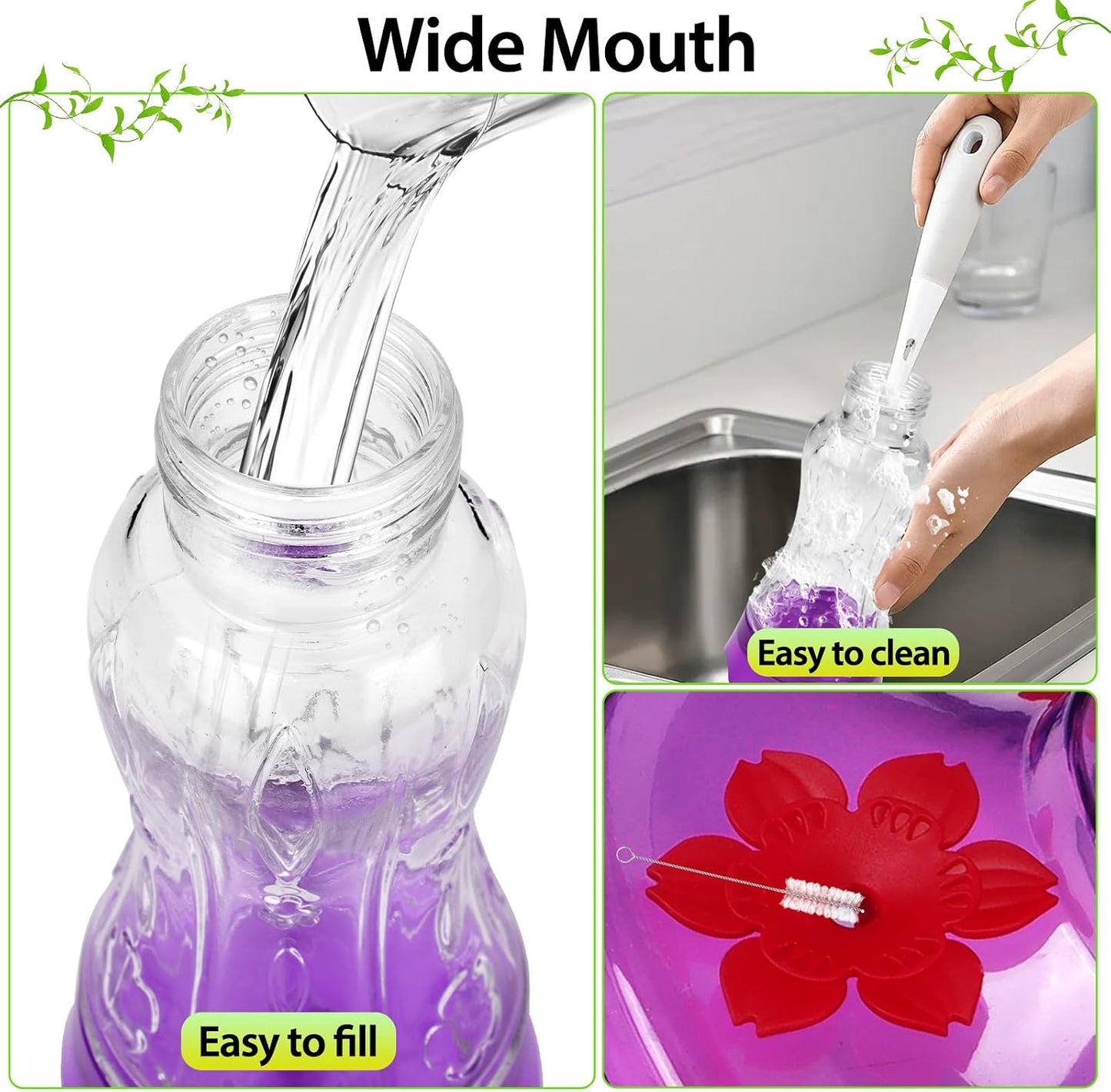 Glass Hummingbird Feeders for Outdoors, Built-In Ant Moat & Leakproof Design, Hummingbird Feeder with 4 Bee Guard Feeding Ports, 15OZ, Purple, Gifts for Mom Wife Dad, Birthday Gift for Men Women