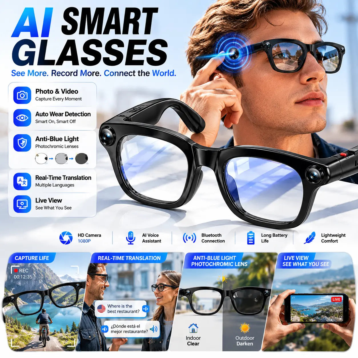 AI Smart Glasses with 8MP Camera & 1080P Video Recording, Photochromic Lenses, Voice Assistant, Smart Wear Detection Touch Sunglass Button Control Pro