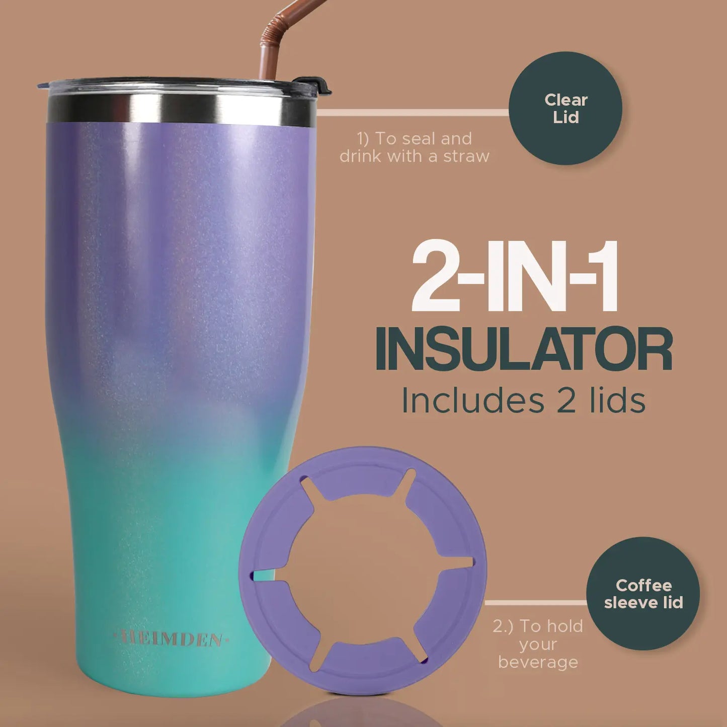Heimden Coffee Cup Holder 2 in 1 30 Oz Tumbler, Insulated Coffee Mug - Designed to Fit Most Disposable Cups , Travel Mug, Car Mug
