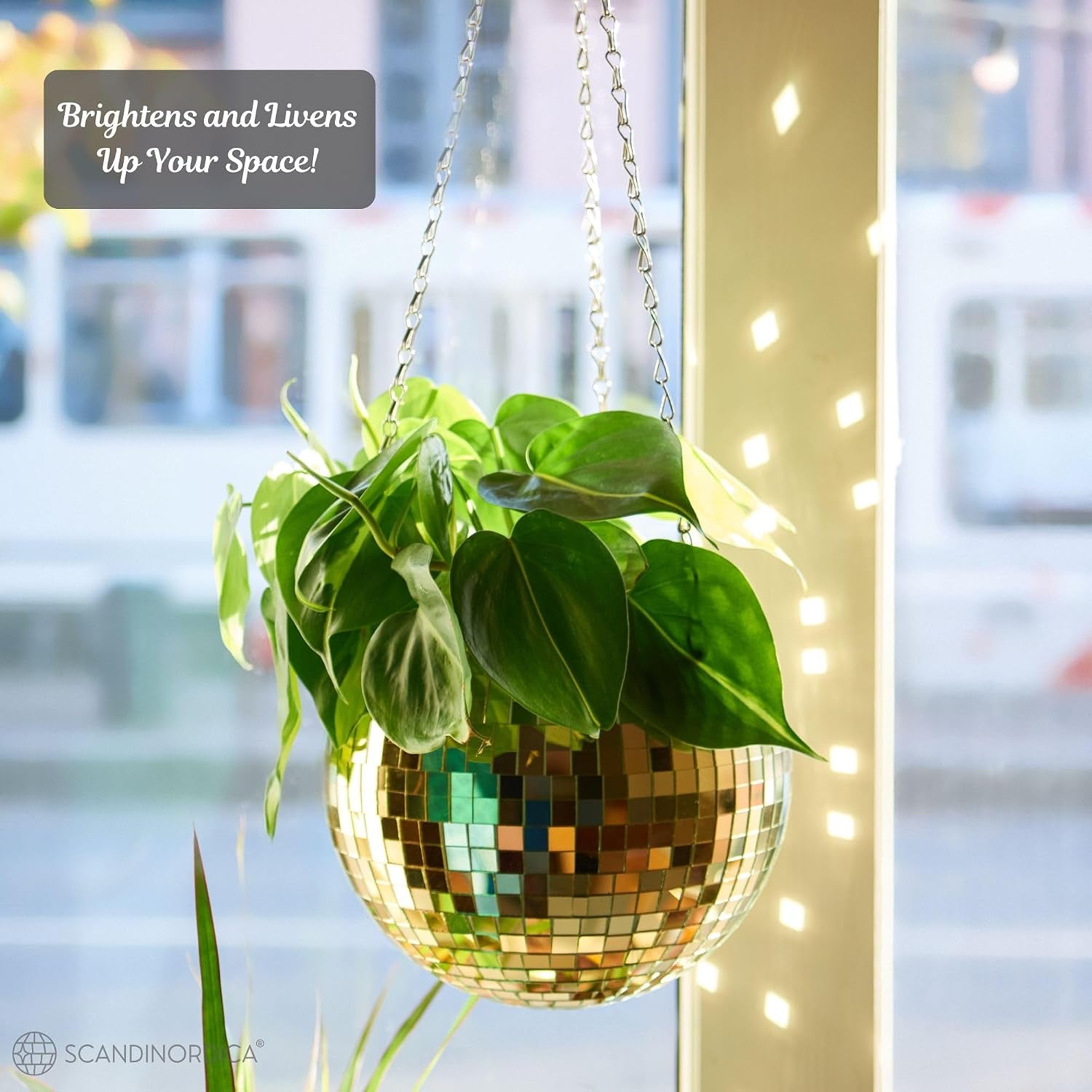 Disco Ball Planter – Disco Ball Plant Hanger, Mirror Disco Planter with Chain, Macrame Hanger, Acrylic Stand and Insert Pot, Hanging Planter | Disco Ball Decor – 20 Cm (8“) Gold