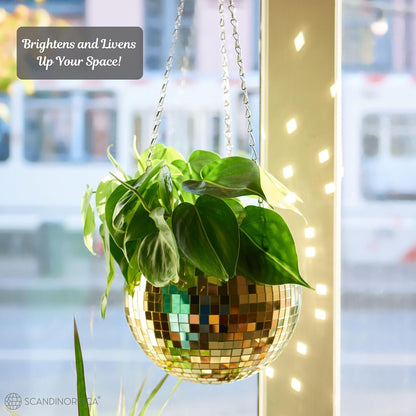 Disco Ball Planter – Disco Ball Plant Hanger, Mirror Disco Planter with Chain, Macrame Hanger, Acrylic Stand and Insert Pot, Hanging Planter | Disco Ball Decor – 20 Cm (8“) Gold