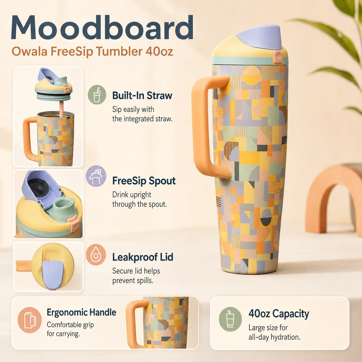 Owala Freesip Tumbler 40Oz Moodboard Limited Edition, Leakproof Insulated Stainless Steel Travel Mug with Built-In Handle & Straw, Cute Aesthetic Water Bottle for Cup Holder