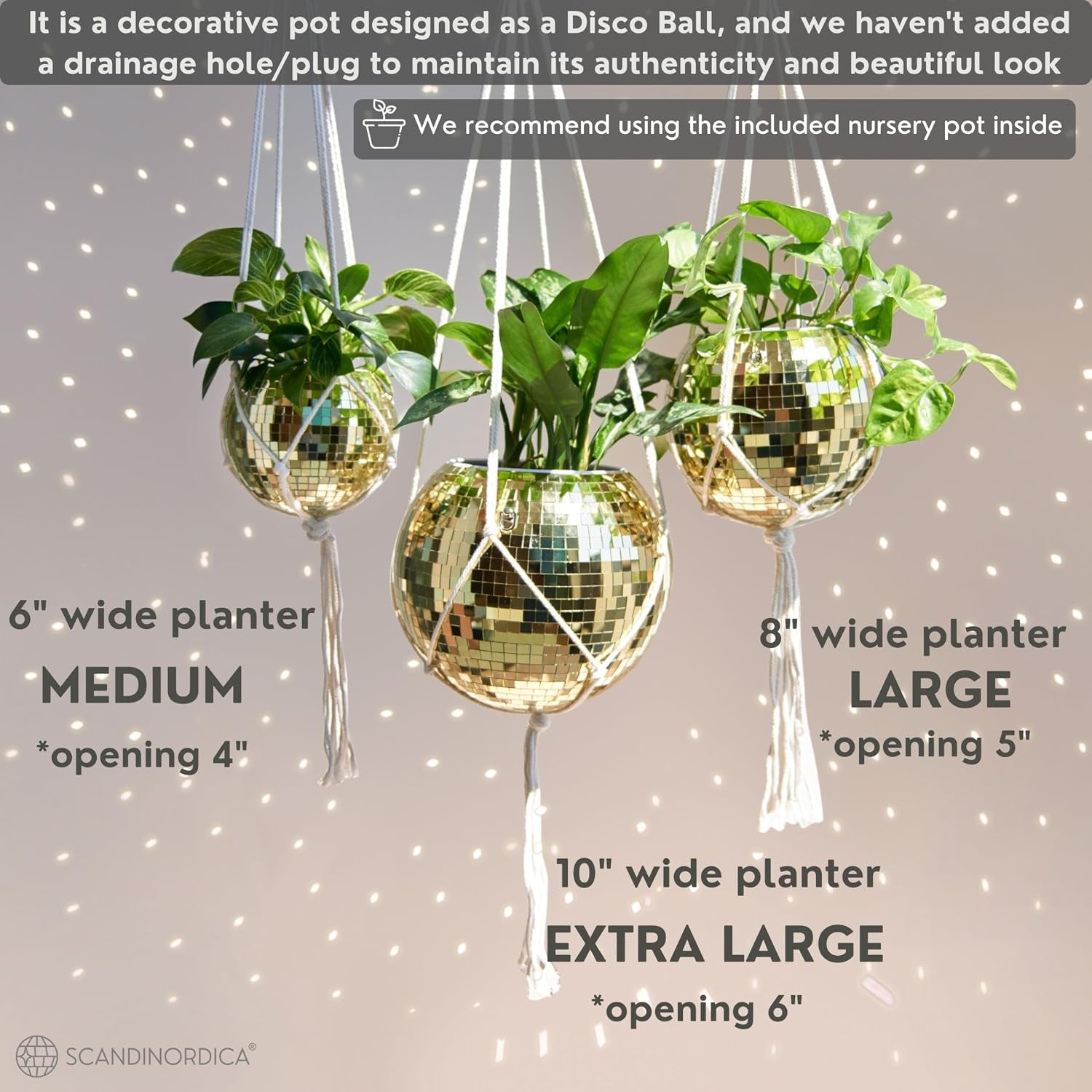 Disco Ball Planter – Disco Ball Plant Hanger, Mirror Disco Planter with Chain, Macrame Hanger, Acrylic Stand and Insert Pot, Hanging Planter | Disco Ball Decor – 20 Cm (8“) Gold
