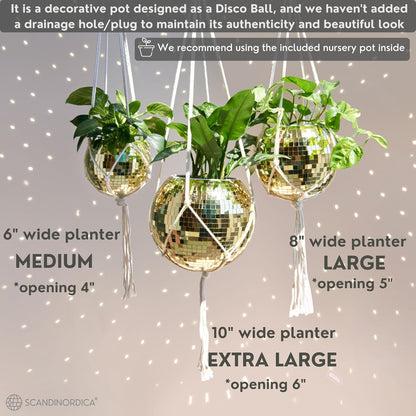 Disco Ball Planter – Disco Ball Plant Hanger, Mirror Disco Planter with Chain, Macrame Hanger, Acrylic Stand and Insert Pot, Hanging Planter | Disco Ball Decor – 20 Cm (8“) Gold