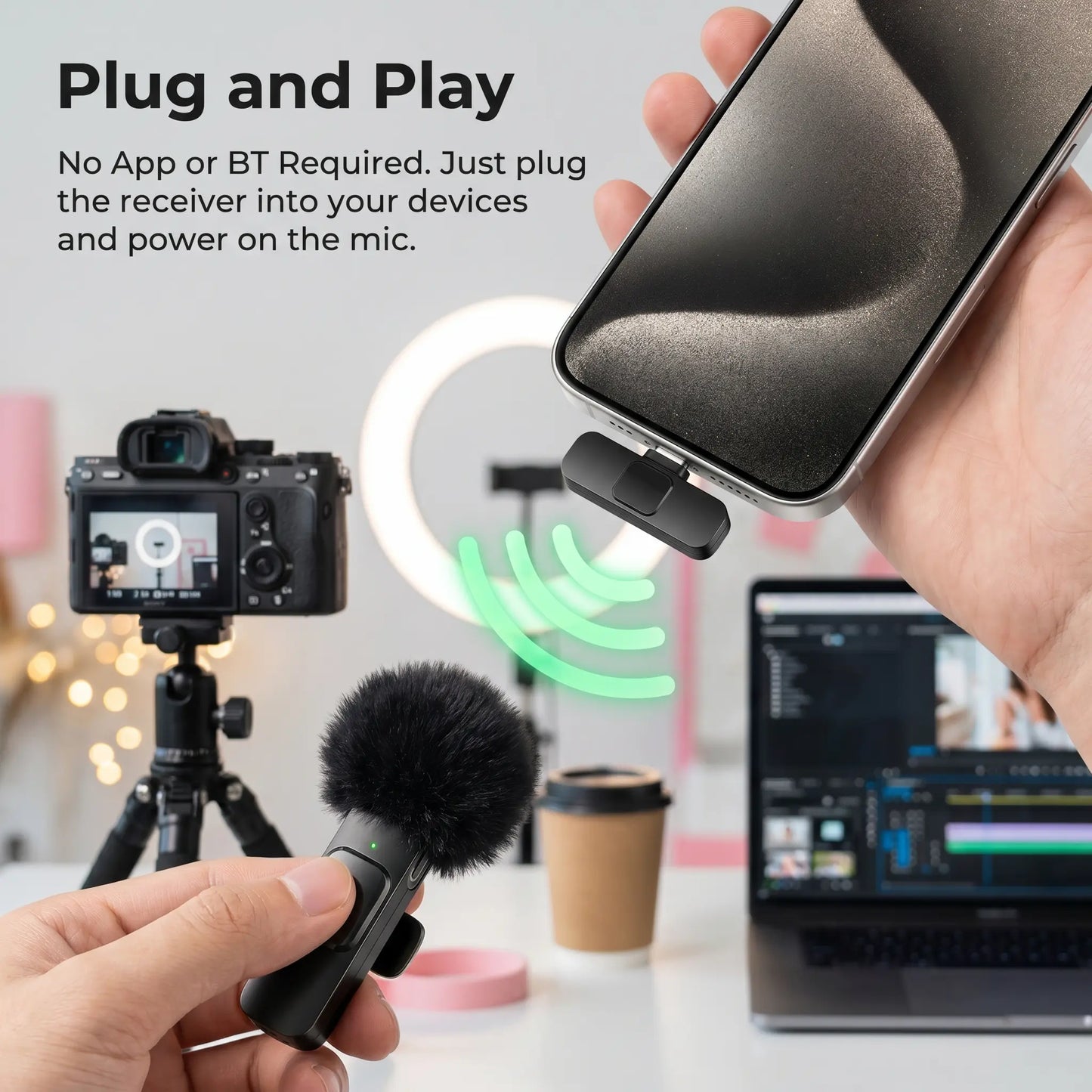 HITOZON Wireless Lavalier Microphone with Noise Reduction - Plug-And-Play Portable USB-C Lapel Mic for Iphone 15/16/17, Ipad, Android Smartphones, Camera Audio Recording - Mini Wireless Microphone Phone Accessories for Vlog, Youtube