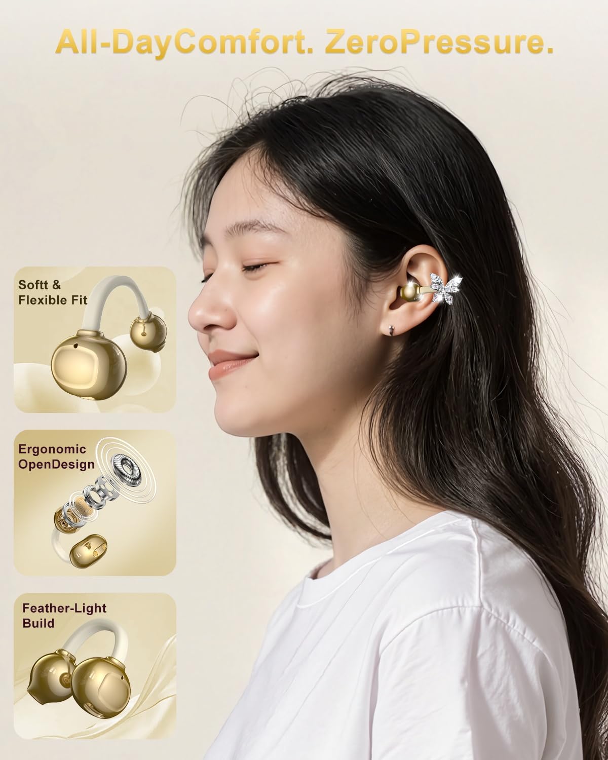 Bluetooth Wireless Open Ear Earbuds: Jewelry Clip on Headphones with Butterfly Earrings - Bluetooth 6.0 IPX5 Waterproof Earphones with Fashion Design Gift for Women Girl Sports and Workouts