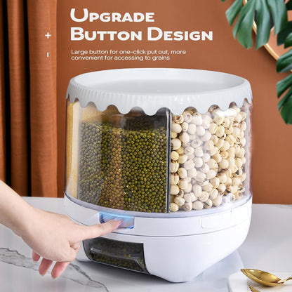 Grain Dispenser, 360° Rotating Storage Container, 6 Grid Food Dispenser with Storage Sealed Lid, Rice Dispenser for Kitchen Grains, Beans, Rice