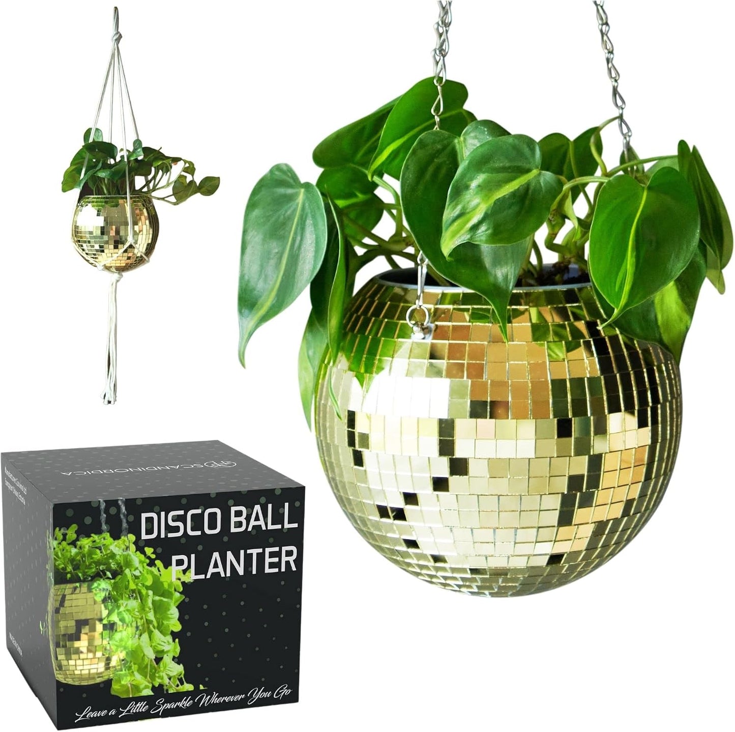 Disco Ball Planter – Disco Ball Plant Hanger, Mirror Disco Planter with Chain, Macrame Hanger, Acrylic Stand and Insert Pot, Hanging Planter | Disco Ball Decor – 20 Cm (8“) Gold