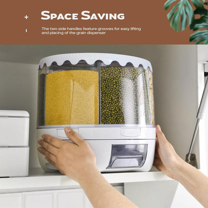 Grain Dispenser, 360° Rotating Storage Container, 6 Grid Food Dispenser with Storage Sealed Lid, Rice Dispenser for Kitchen Grains, Beans, Rice