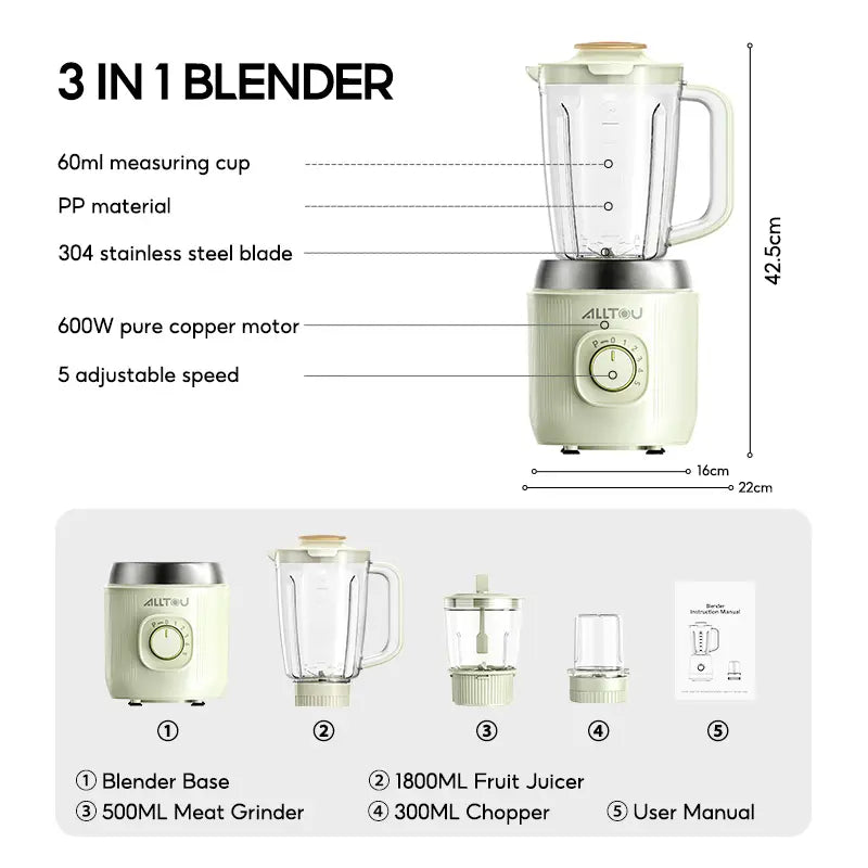 Alltou 3-In-1 Smoothie Blender & Meat Grinder, 5-Speed Food Chopper with Pulse, Kitchen Processor for Baby Food, Fresh Juice, Sauce & Meal Prep Fruit Vegetable Juicer Powerful Juicer Machine