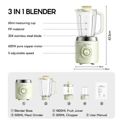 Alltou 3-In-1 Smoothie Blender & Meat Grinder, 5-Speed Food Chopper with Pulse, Kitchen Processor for Baby Food, Fresh Juice, Sauce & Meal Prep Fruit Vegetable Juicer Powerful Juicer Machine