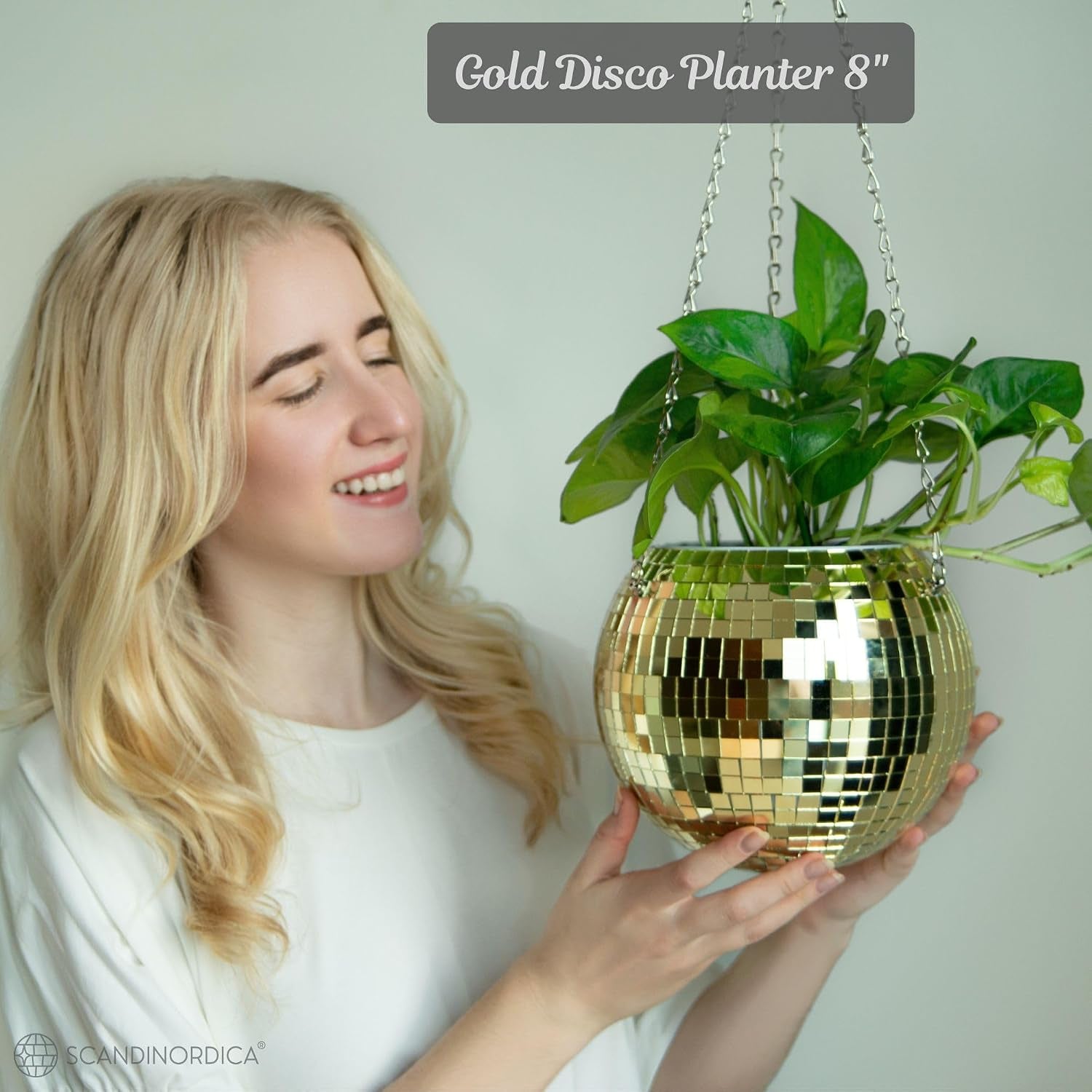 Disco Ball Planter – Disco Ball Plant Hanger, Mirror Disco Planter with Chain, Macrame Hanger, Acrylic Stand and Insert Pot, Hanging Planter | Disco Ball Decor – 20 Cm (8“) Gold