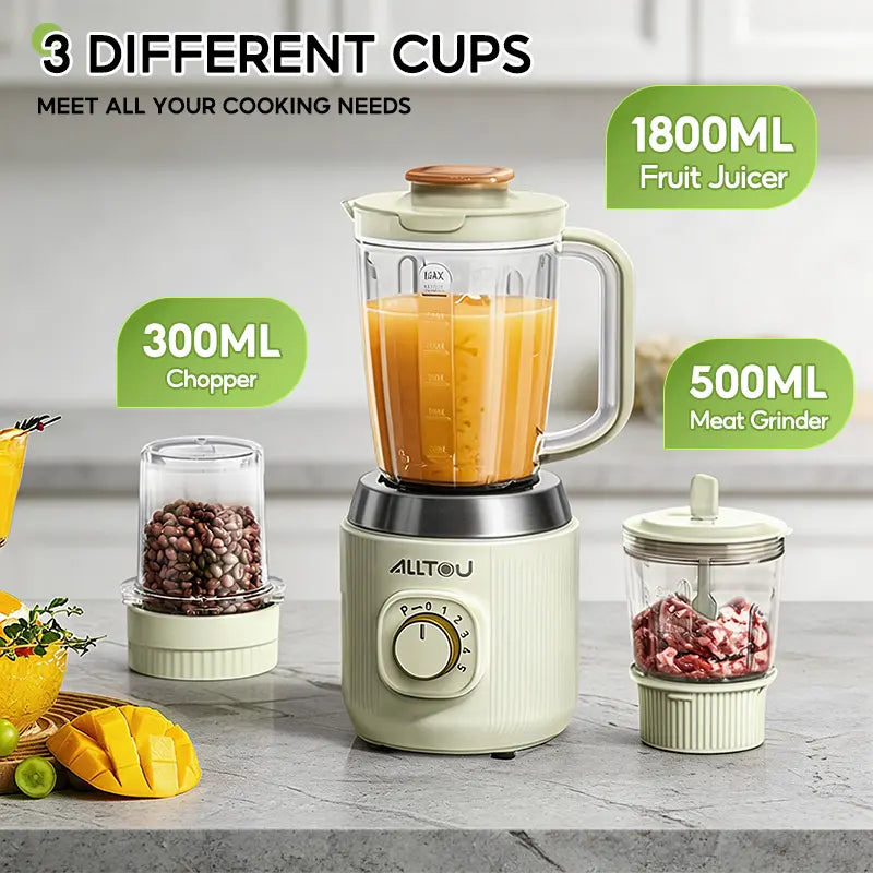 Alltou 3-In-1 Smoothie Blender & Meat Grinder, 5-Speed Food Chopper with Pulse, Kitchen Processor for Baby Food, Fresh Juice, Sauce & Meal Prep Fruit Vegetable Juicer Powerful Juicer Machine