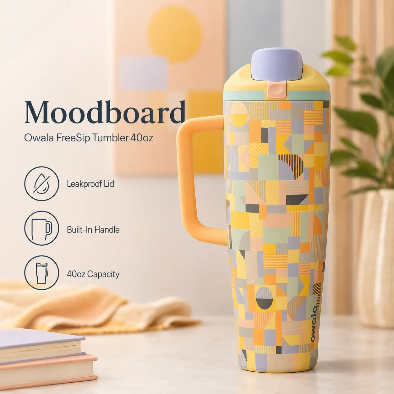 Owala Freesip Tumbler 40Oz Moodboard Limited Edition, Leakproof Insulated Stainless Steel Travel Mug with Built-In Handle & Straw, Cute Aesthetic Water Bottle for Cup Holder