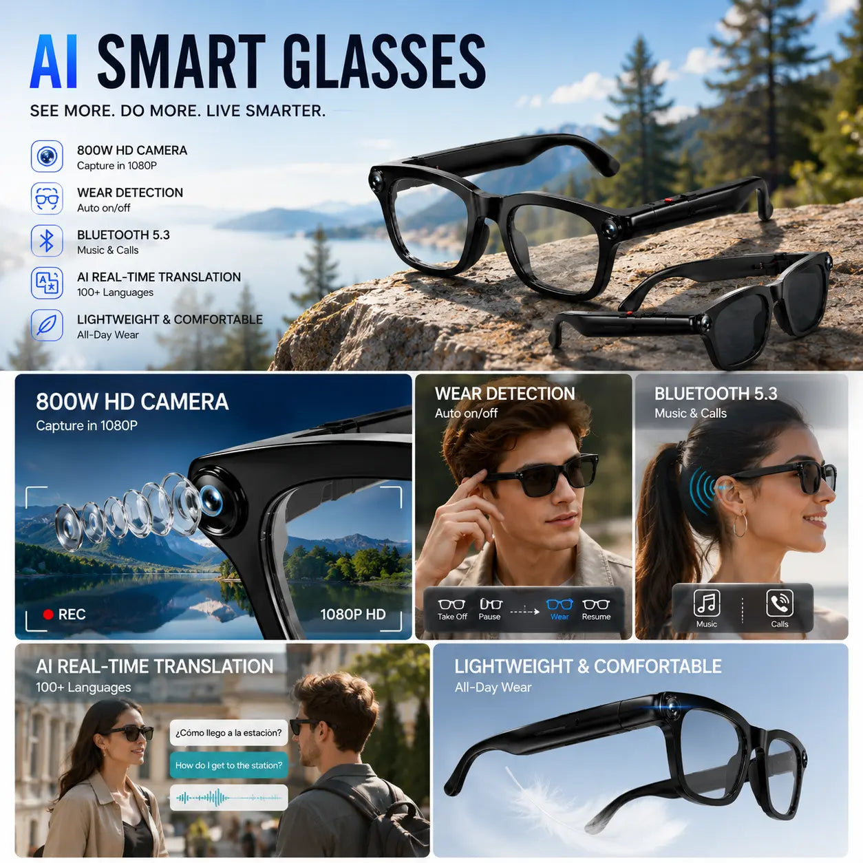 AI Smart Glasses with 8MP Camera & 1080P Video Recording, Photochromic Lenses, Voice Assistant, Smart Wear Detection Touch Sunglass Button Control Pro