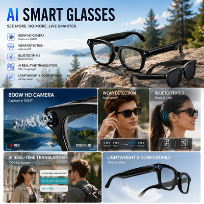 AI Smart Glasses with 8MP Camera & 1080P Video Recording, Photochromic Lenses, Voice Assistant, Smart Wear Detection Touch Sunglass Button Control Pro