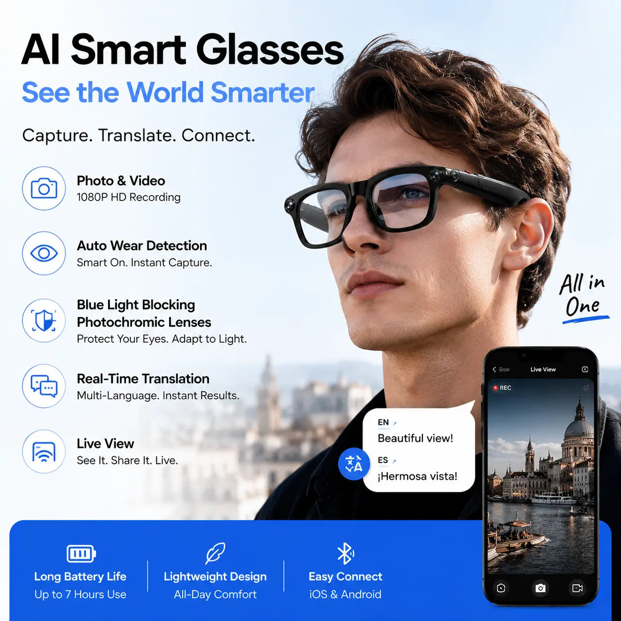 AI Smart Glasses with 8MP Camera & 1080P Video Recording, Photochromic Lenses, Voice Assistant, Smart Wear Detection Touch Sunglass Button Control Pro