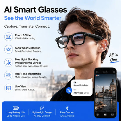 AI Smart Glasses with 8MP Camera & 1080P Video Recording, Photochromic Lenses, Voice Assistant, Smart Wear Detection Touch Sunglass Button Control Pro