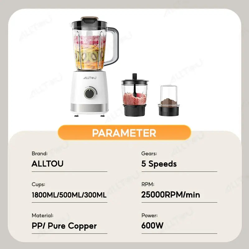 Alltou 3-In-1 Smoothie Blender & Meat Grinder, 5-Speed Food Chopper with Pulse, Kitchen Processor for Baby Food, Fresh Juice, Sauce & Meal Prep Fruit Vegetable Juicer Powerful Juicer Machine