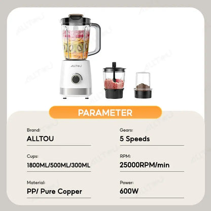 Alltou 3-In-1 Smoothie Blender & Meat Grinder, 5-Speed Food Chopper with Pulse, Kitchen Processor for Baby Food, Fresh Juice, Sauce & Meal Prep Fruit Vegetable Juicer Powerful Juicer Machine