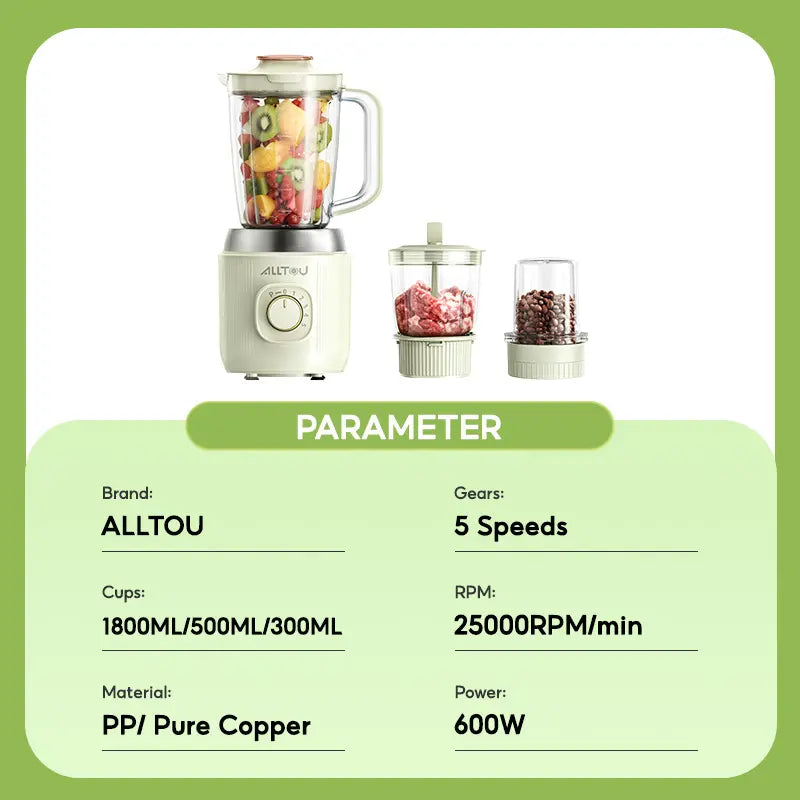 Alltou 3-In-1 Smoothie Blender & Meat Grinder, 5-Speed Food Chopper with Pulse, Kitchen Processor for Baby Food, Fresh Juice, Sauce & Meal Prep Fruit Vegetable Juicer Powerful Juicer Machine