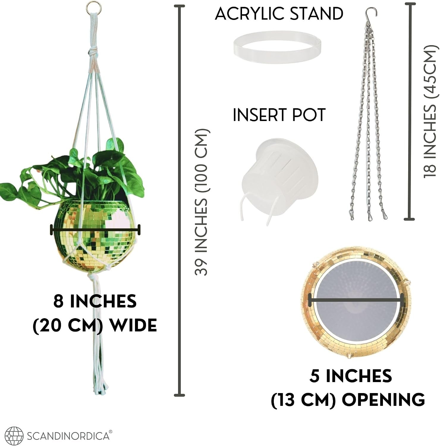 Disco Ball Planter – Disco Ball Plant Hanger, Mirror Disco Planter with Chain, Macrame Hanger, Acrylic Stand and Insert Pot, Hanging Planter | Disco Ball Decor – 20 Cm (8“) Gold