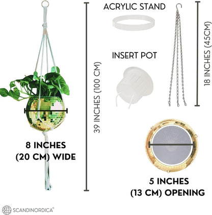 Disco Ball Planter – Disco Ball Plant Hanger, Mirror Disco Planter with Chain, Macrame Hanger, Acrylic Stand and Insert Pot, Hanging Planter | Disco Ball Decor – 20 Cm (8“) Gold
