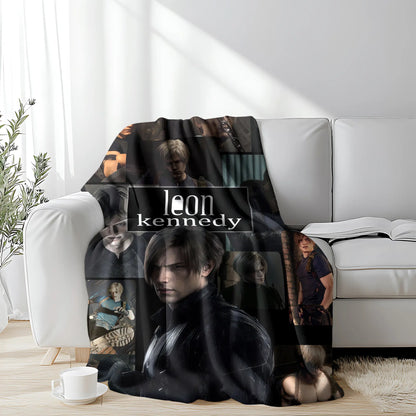 Leon S. Kennedy Blanket, Resident Evil 4 Remake Themed Soft Flannel Throw Blanket, 3D Printed Leon Kennedy Rose Collage Design Warm Cozy Blanket for Bed Couch Sofa, Perfect Gift for RE Fans